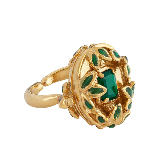 anel Carolina Curado com folhas verde e pedra verde esmeralda ajustável