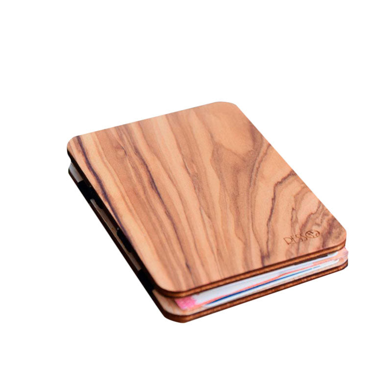 carteira mágica em madeira de Oliveira para notas e cartões