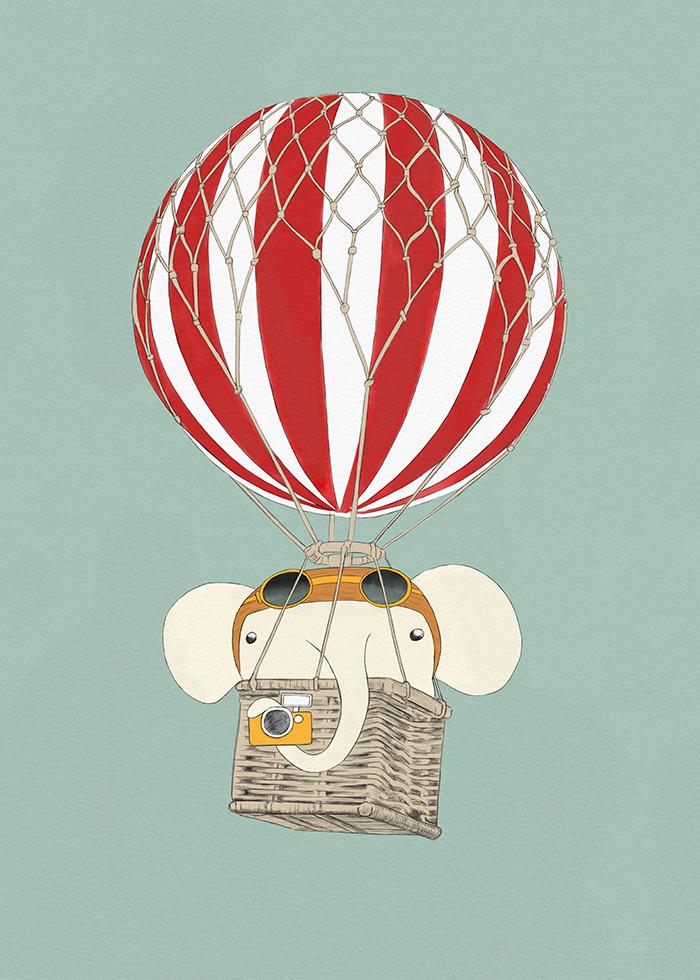 ilustração de elefante fotógrafo em balão de ar quente