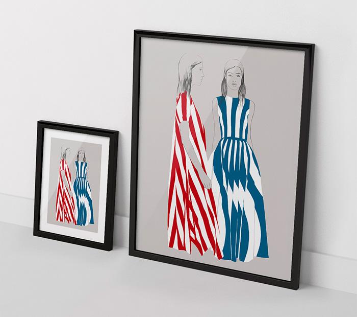 ilustração de duas mulheres com vestidos com linhas em projecto de moda