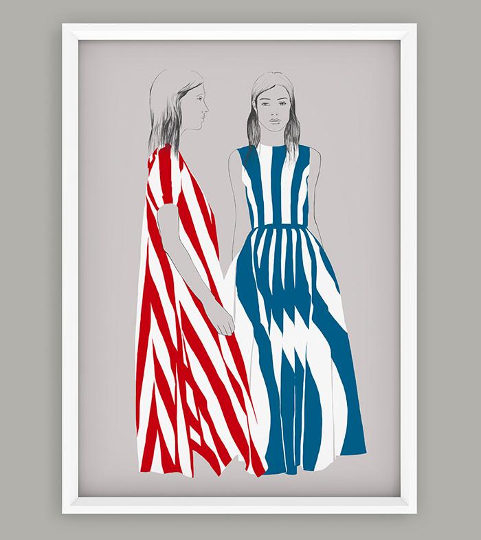 ilustração de duas mulheres com vestidos com linhas em projecto de moda