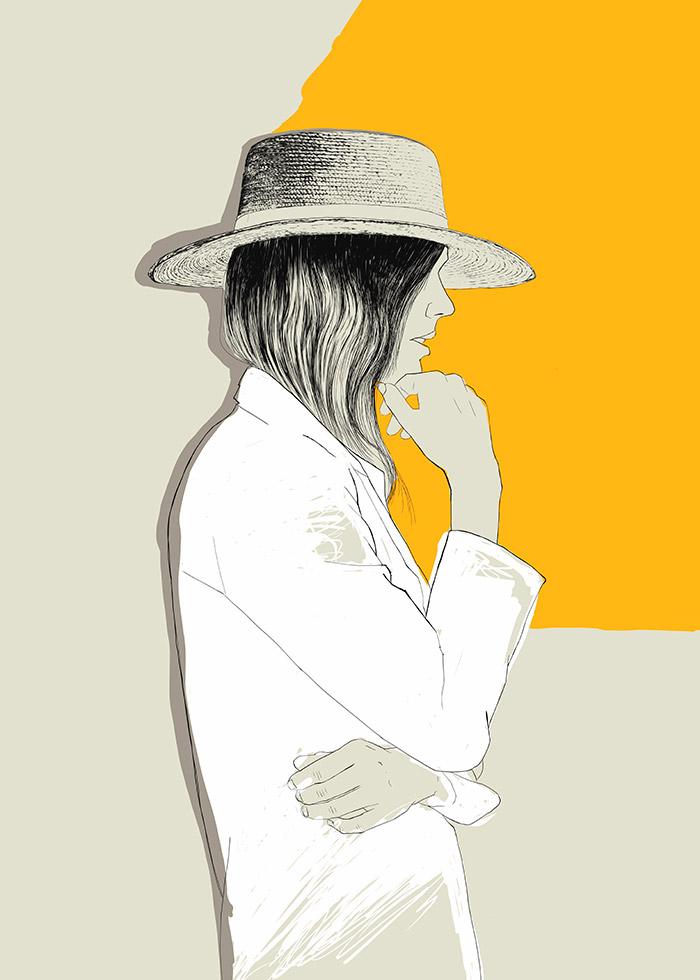 ilustração de uma mulher pensativa e observadora com chapéu clássico