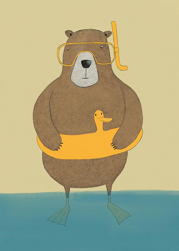 urso com óculos de mergulhador e bóia de pato