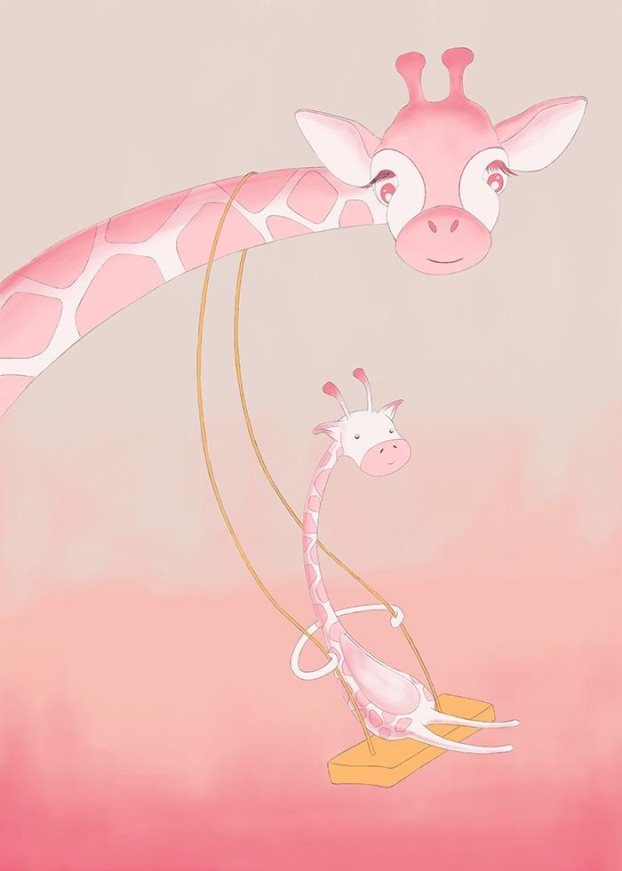 ilustração de girafa mãe a brincar com girafa bébé em tons rosa