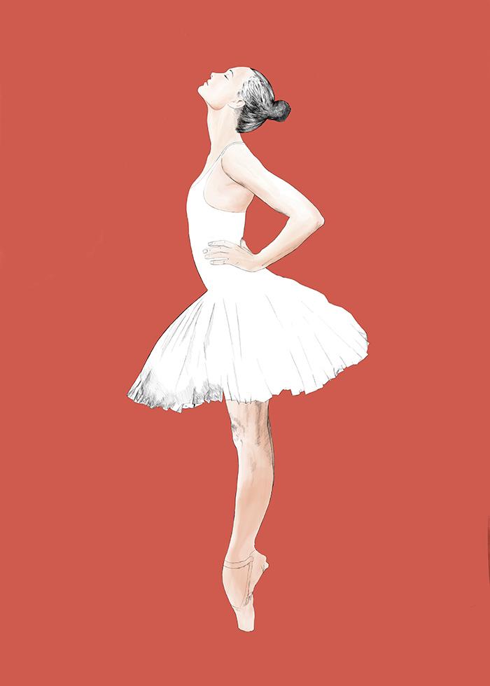 ilustração de uma bailarina em pose de reflexão em fundo vermelho