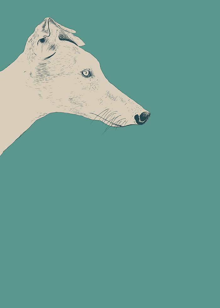 ilustração de um cão em fundo verde pastel. Ilustrado por The Red Wolf