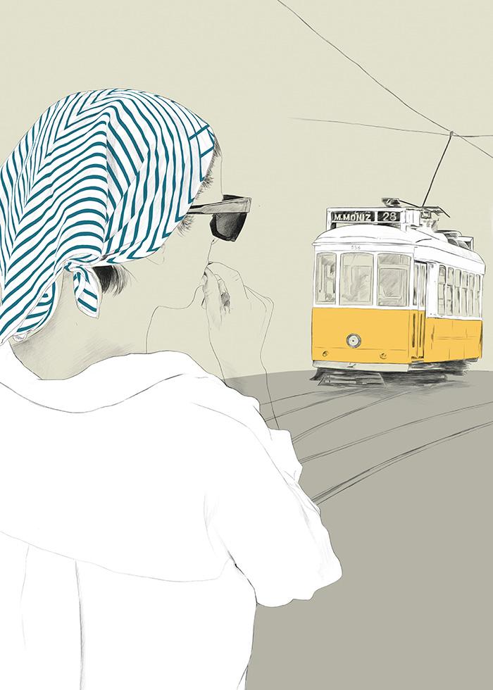 ilustração de uma senhora a olhar para o elétrico amarelo que percorre as ruas de Lisboa