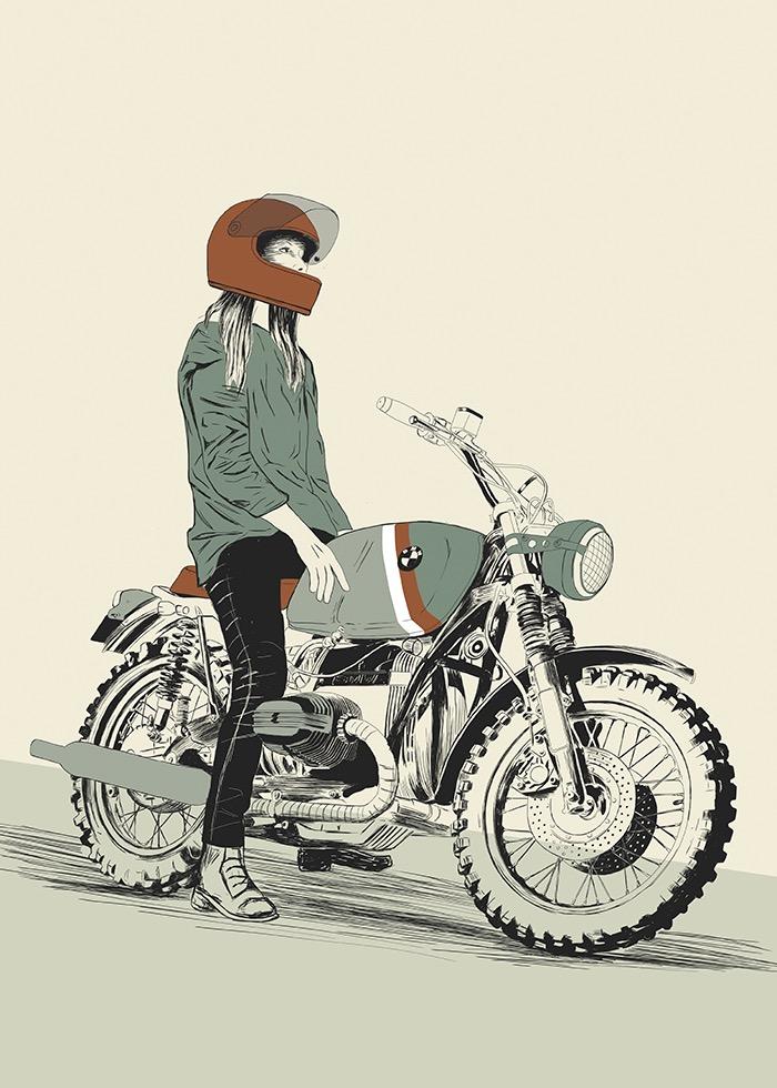 ilustração de mulher sentada em cima de uma moto BMW clássica