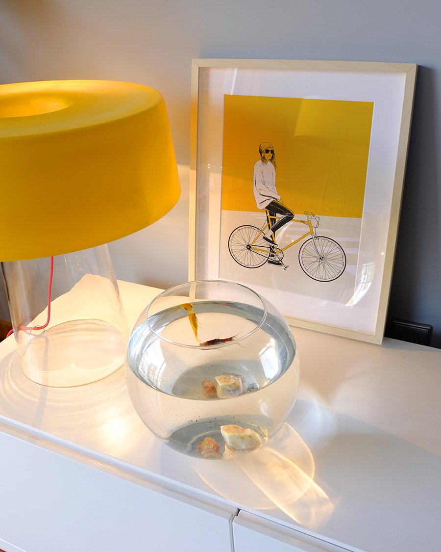 decoração moderna com ilustração de mulher a andar de bicicleta amarela