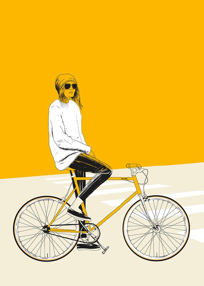 ilustração de mulher a andar de bicicleta amarela