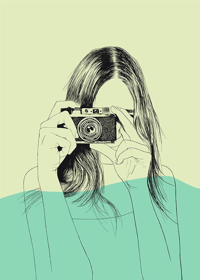 ilustração de mulher a tirar foto com camera fotográfica clássica 