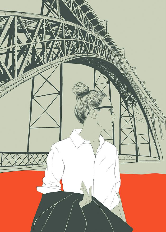 ilustração da ponte Luiz I no Porto com uma mulher a posar para a foto