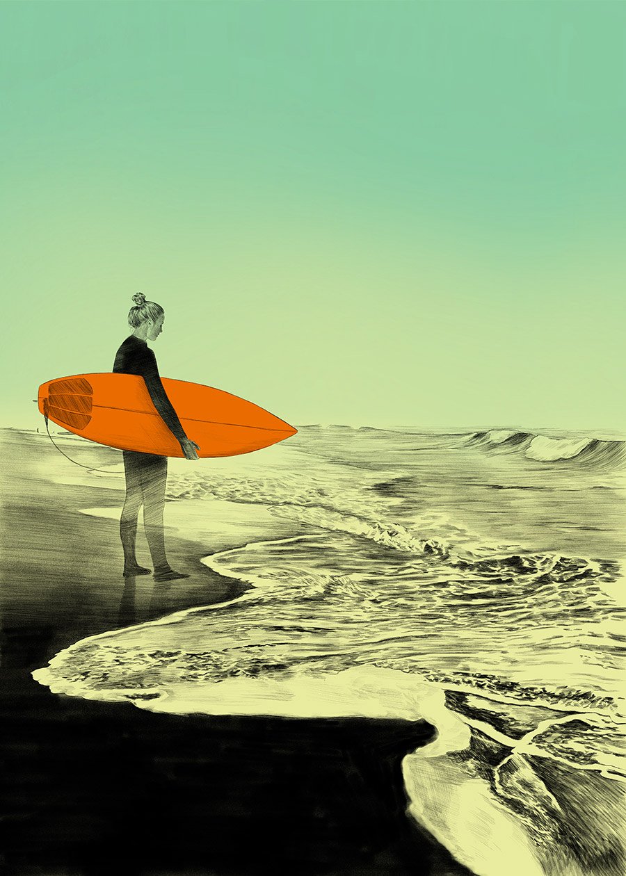 ilustração the red wolf de surfista junto ao mar