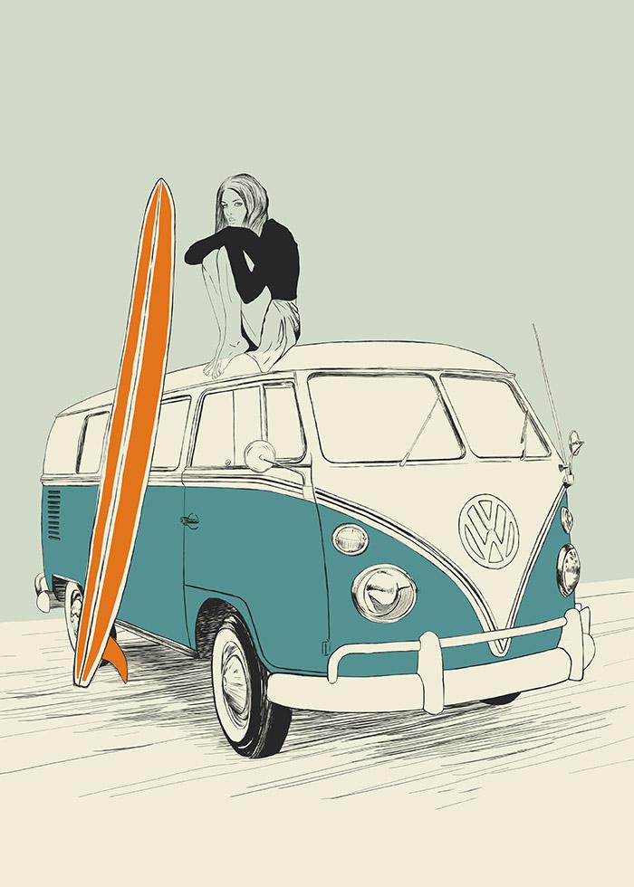 ilustração de surfista em cima de volkswagen kombi com prancha de surf laranja