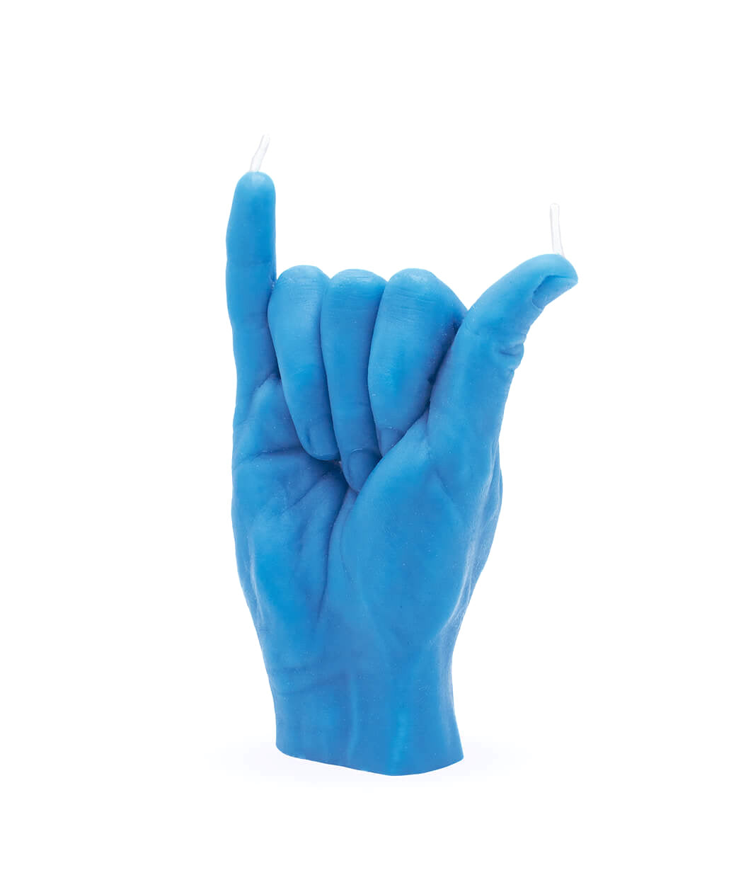 vela em formato de mão com o símbolo havaiano Shaka em azul